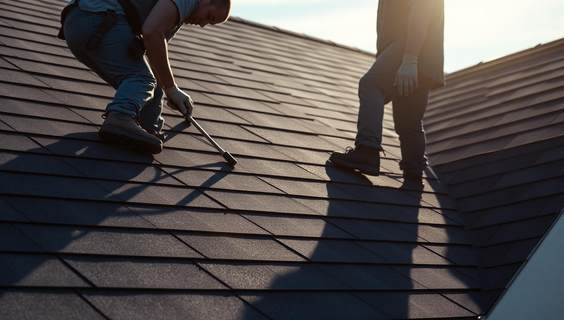 Professional roofing crew installing premium shingles on a residential roof